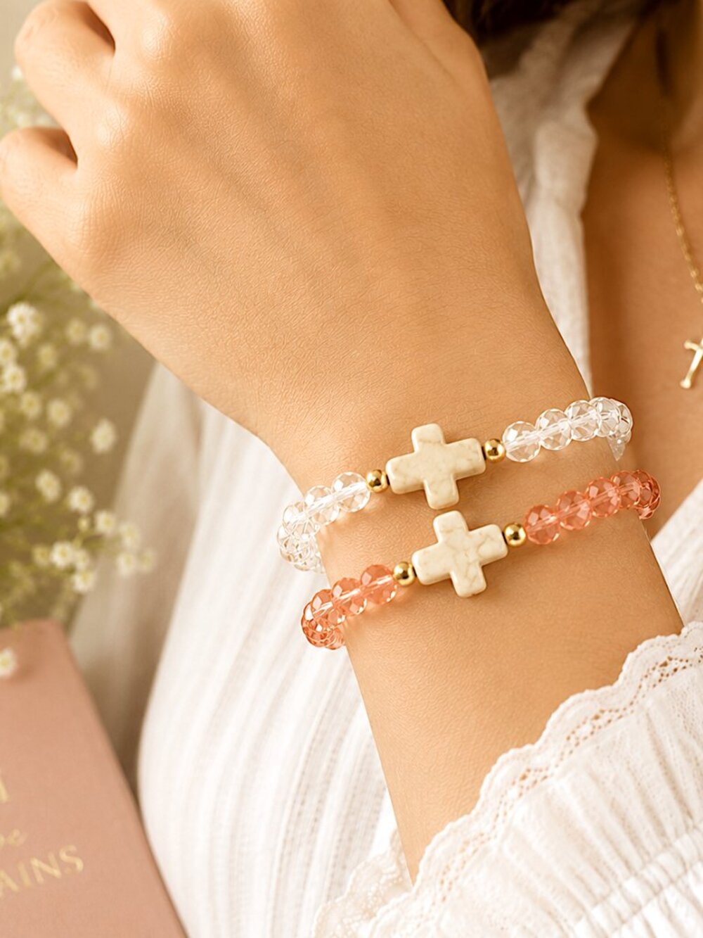 Cross Faceted Crystal Stretch Bracelets Set Coral Clear Faith Christian Boho